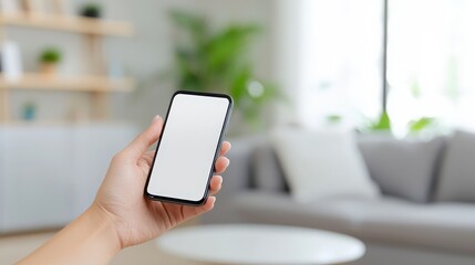 Poster - A hand holds a smartphone with a blank screen, set in a cozy living room with soft furnishings and greenery in the background.