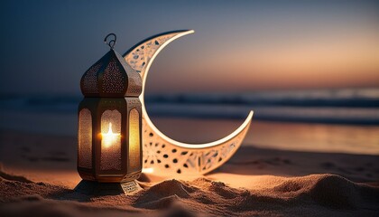 Wall Mural - sailing boat at sunset, traditional candle light with crescent moon shape on the beach, ramadan kare