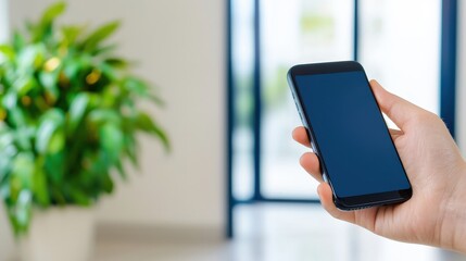 Poster - A person holds a smartphone in a bright, modern indoor setting, with a lush green plant in the background.