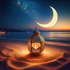 Wall Mural - moon in the desert, traditional candle light with crescent moon shape on the beach, ramadan kareem b