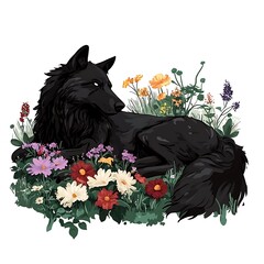 Canvas Print - Black Wolf Resting Amidst a Wildflower Meadow.