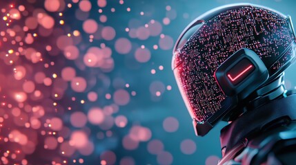 Poster - A sleek, futuristic robot standing against a backdrop of glowing circuitry and digital data streams.