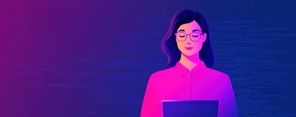 Poster - Digital woman working on laptop modern workspace illustration tech environment close-up empowerment
