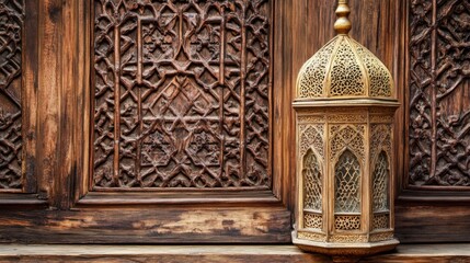 Poster - Intricate Wooden Wall and Lantern Craftsmanship in Traditional Middle Eastern Design Style