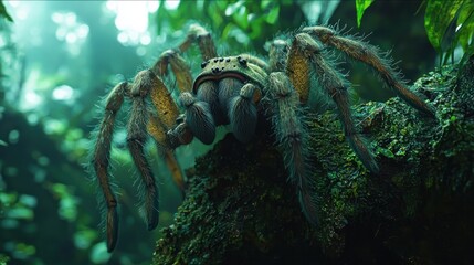 Close up of a large spider in a lush, green environment