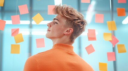 Poster - a diverse team working together in a creative workspace, using colorful sticky notes and markers on 