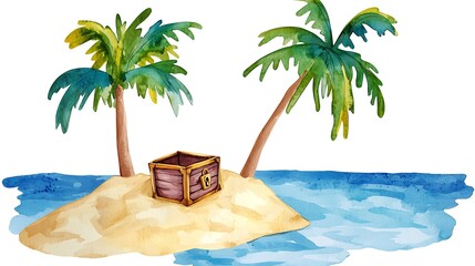 Wall Mural - Watercolor Illustration of a Treasure Chest on a Tropical Island