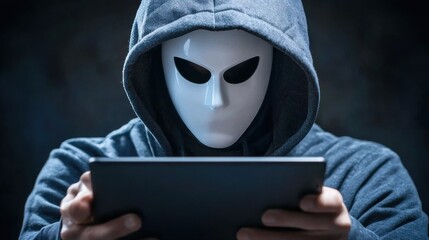 Poster - Hooded Figure Holding Digital Device in Shadowy Mysterious Environment