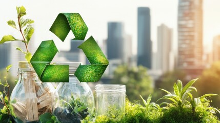 Poster - Recycling Symbol in Urban Landscape with Cityscape Skyline and Lush Greenery