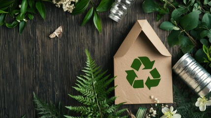 Poster - eco friendly cardboard house decor with natural foliage on rustic wood background