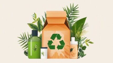 Poster - eco friendly sustainable packaging and delivery concept with recycling symbol and tropical leaves on