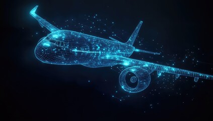 Poster - Futuristic Airplane, Wireframe, Night Sky, Digital Art