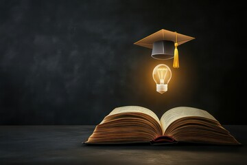 A bright educational concept, glowing open book with a hovering graduation cap and light bulb, deep black chalkboard background, crisp modern illustration
