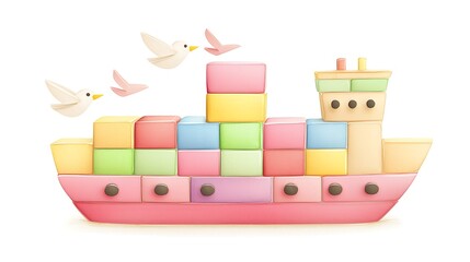 Canvas Print - Colorful Cargo Ship with Flying Birds - Childrens Illustration