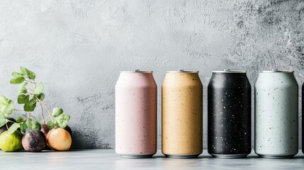 Poster - Assortment of Stylish Pastel Colored Beverage Cans Arranged on Light Background