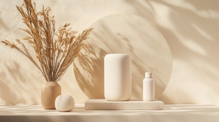 Poster - Minimalist Home Decor Arrangement with Wooden Vase and Natural Elements on Beige Background