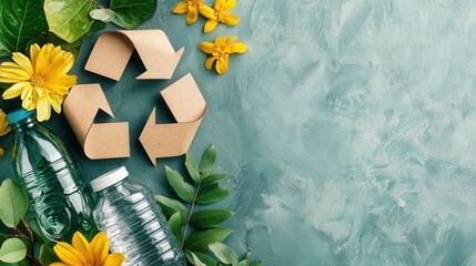 Poster - recycling symbol with lush green foliage and flowers in nature background