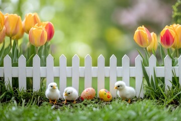 Wall Mural - Three easter chicks and painted eggs behind white fence in spring garden