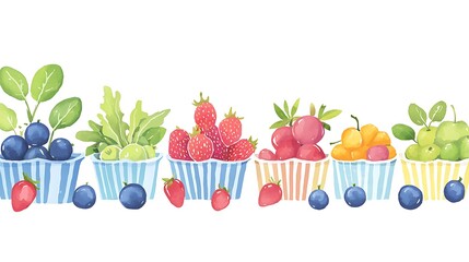 Canvas Print - Watercolor Seamless Border of Assorted Berries in Striped Paper Cups.