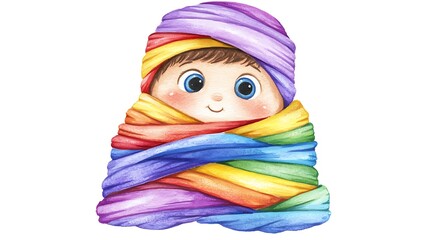 Canvas Print - Adorable Baby Wrapped in Rainbow Swaddles Watercolor Illustration.