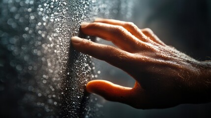 Poster - Closeup view of human hand touching splashing water droplets showing movement and flow of liquid