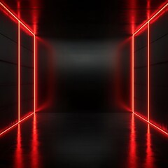 Aufkleber - Neon Red Corridor: A Dark Futuristic Tunnel with Glowing Lines and Reflections