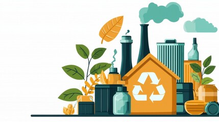 Poster - sustainable factory and cityscape showcasing recycling and renewable energy solutions