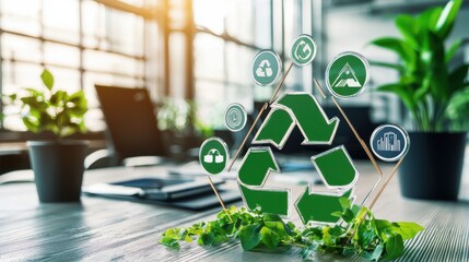 Poster - recycling symbol with leaves on wooden desk in office environment