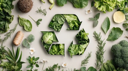 Poster - recycle symbol surrounded by various fresh green leaves and plants representing sustainable eco frie