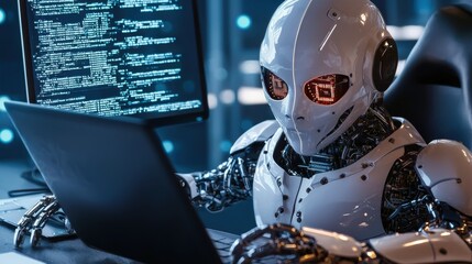 Poster - Futuristic robot analyzing complex code and data on computer screen in dark high tech environment