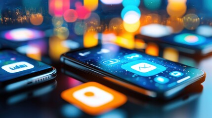 Poster - Colorful vibrant blurred background with modern smartphone devices