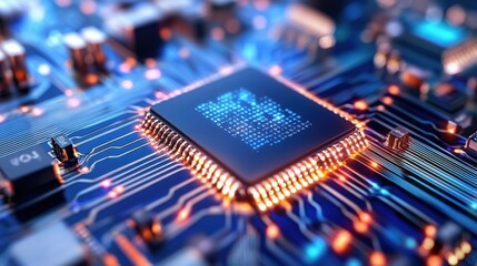 Poster - Futuristic Blue Glowing Digital Microchip Circuit Board Abstract Background