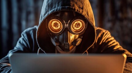 Poster - Hooded figure with glowing digital goggles sitting at a laptop in a dark moody urban setting
