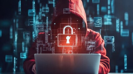 Poster - Hooded Hacker Infiltrating Cybersecurity System with Digital Lock Icon on Futuristic Background