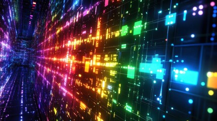 Poster - Abstract digital landscape with vibrant colors and patterns representing data flow in a futuristic environment