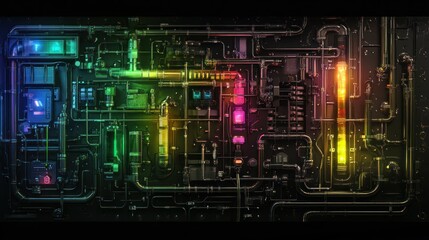 Poster - Abstract neon circuit board design with vibrant colors and glowing elements in a dark background