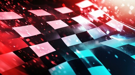 Poster - Abstract wave pattern featuring a checkered design in vibrant red and blue hues with soft lighting