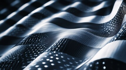 Poster - Abstract waves of blue and silver fabric flowing gracefully, creating a dynamic visual effect