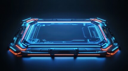 Poster - Futuristic digital interface frame with glowing blue and orange accents on a dark background