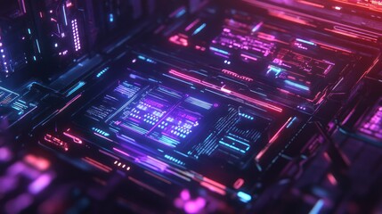 Poster - Futuristic digital interface with glowing circuits and data displays in a high-tech environment