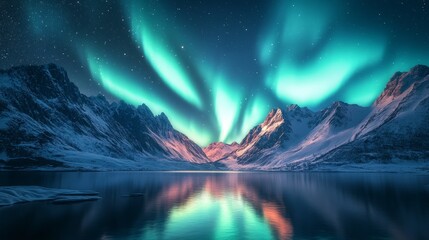 northern lights over lake. aurora borealis with starry in the night sky. fantastic winter epic magic