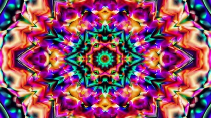 Poster - Colorful digital kaleidoscope pattern with vibrant symmetrical shapes and radiant colors. Abstract art and creative design concept