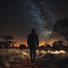 Wall Mural - male silhouette under starry sky in desert landscape with milky way view