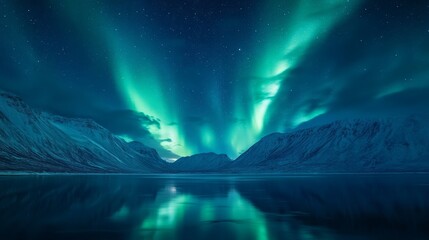 northern lights over lake. aurora borealis with starry in the night sky. fantastic winter epic magic