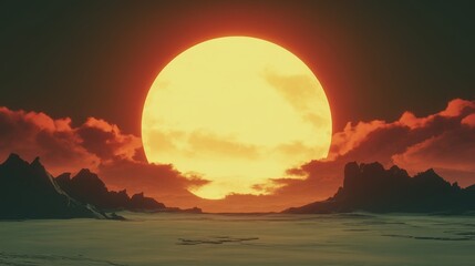 Wall Mural - Massive sunset over rocky horizon with dramatic cloudscape