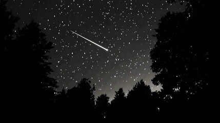Wall Mural - meteor streaking across starry night sky above silhouetted forest