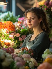 Canvas Print - Young woman surrounded by beautiful flowers. AI.