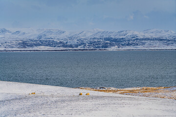 Wall Mural - The winter landscape at the volcanic area of Mývatn lake, Iceland.