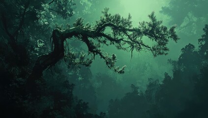 Misty forest scene with ancient tree branch