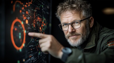 Poster - knowledgeable individual examines intricate data visualizations on a digital display. workspace is illuminated subtly, highlighting the persons focus on the analysis process